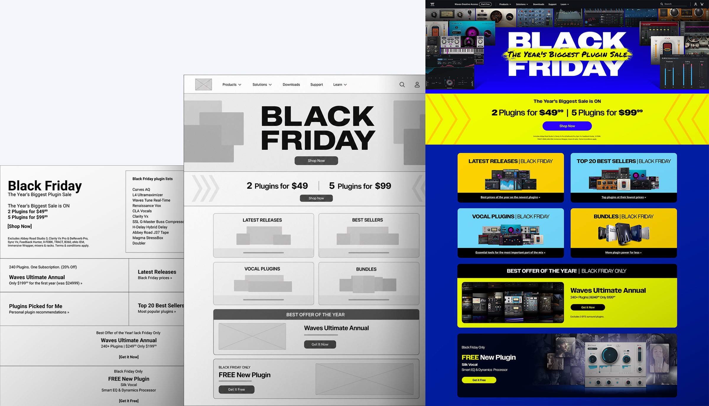 The Black Friday homepage, from low-fidelity wireframe to detailed wireframe to final design