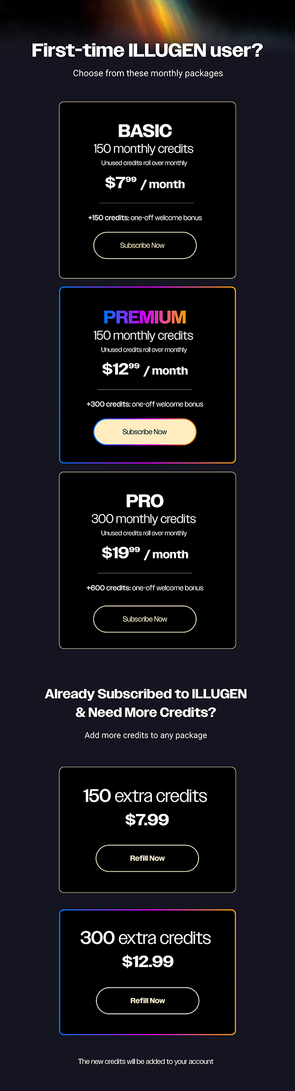 IlluGen pricing page — full mobile page