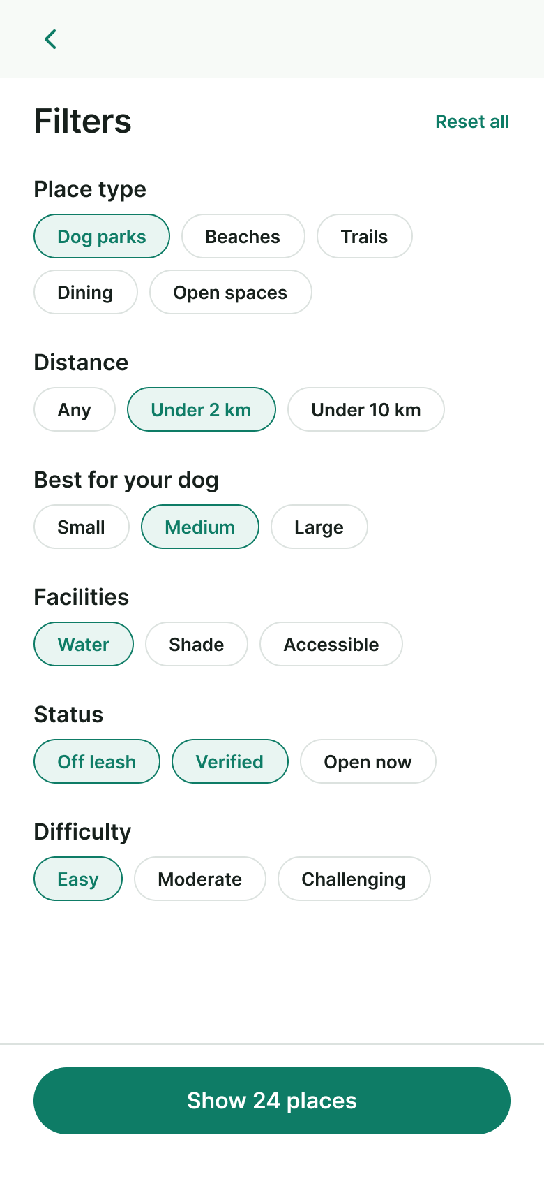Filters screen