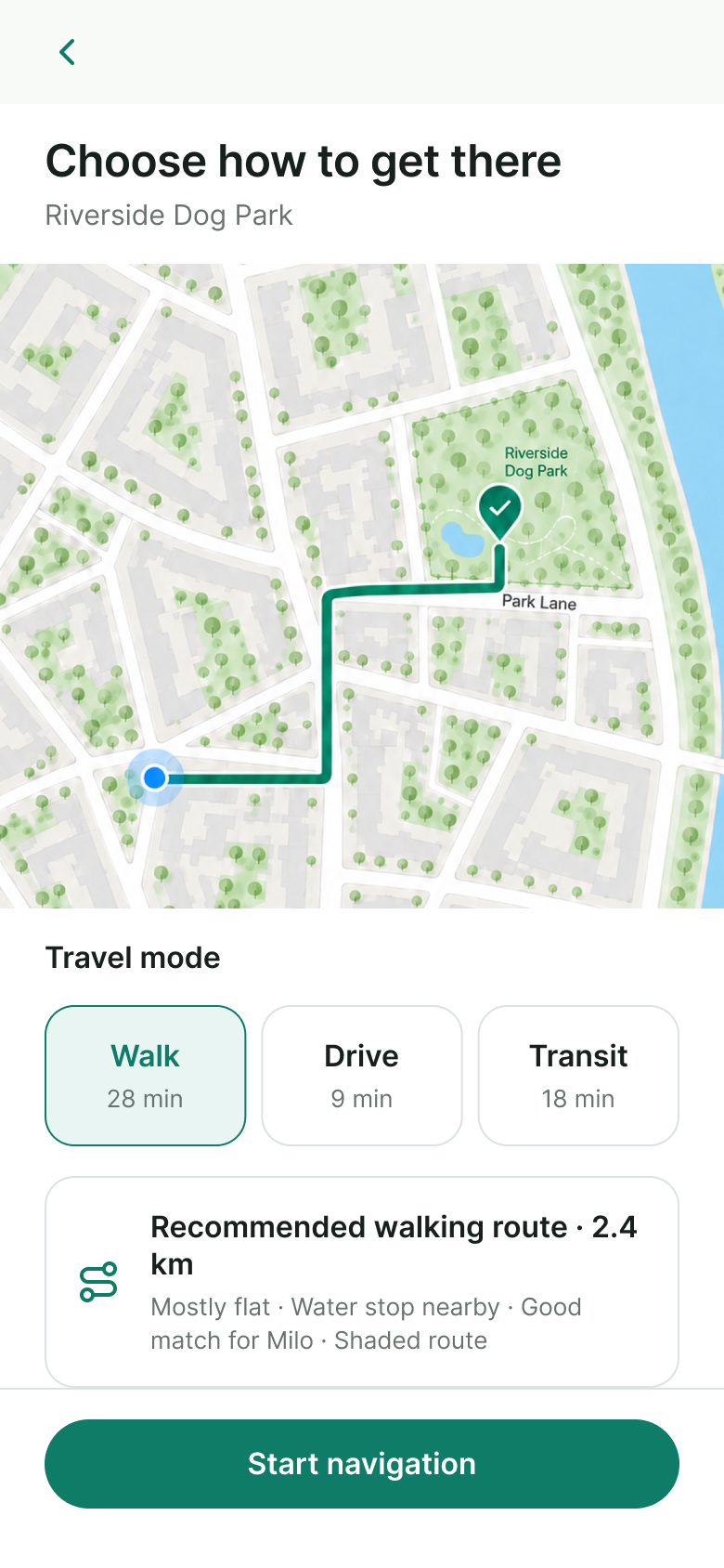 Route options screen