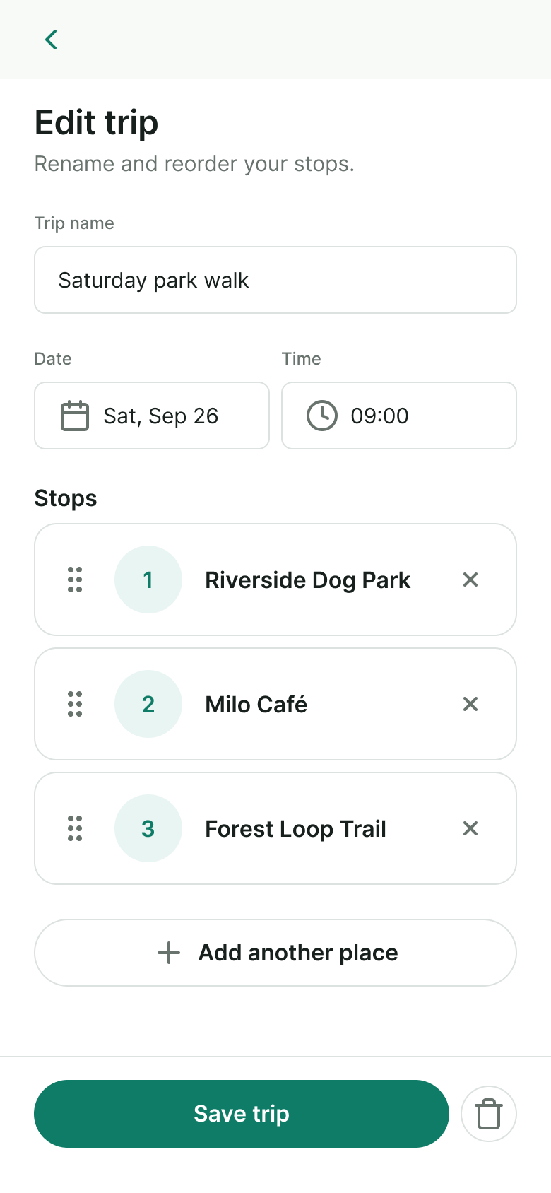 Edit trip screen