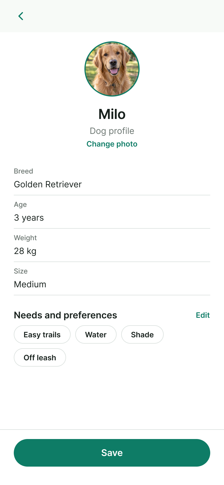 Dog profile screen