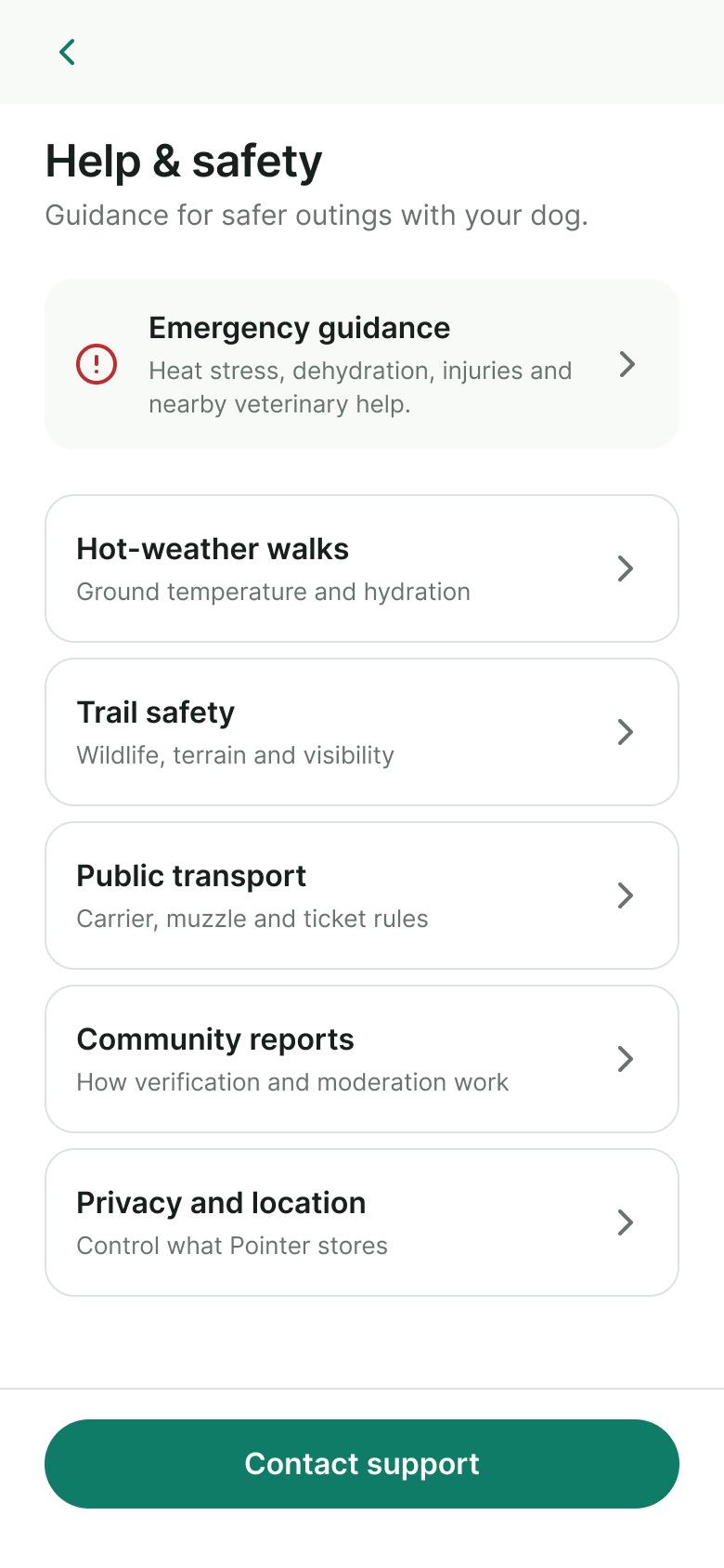 Help and safety screen