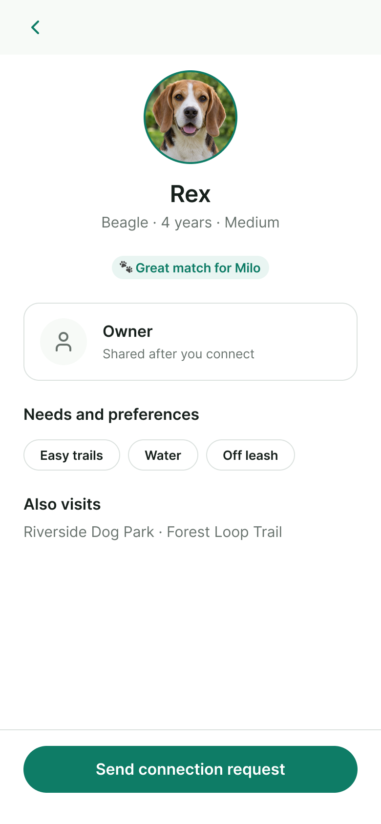 Dog and owner profile screen