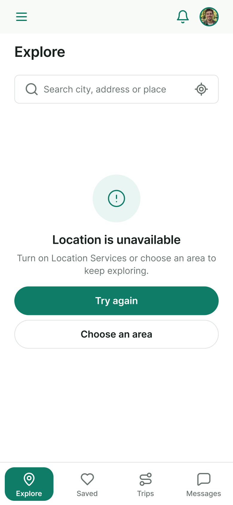 Location unavailable screen