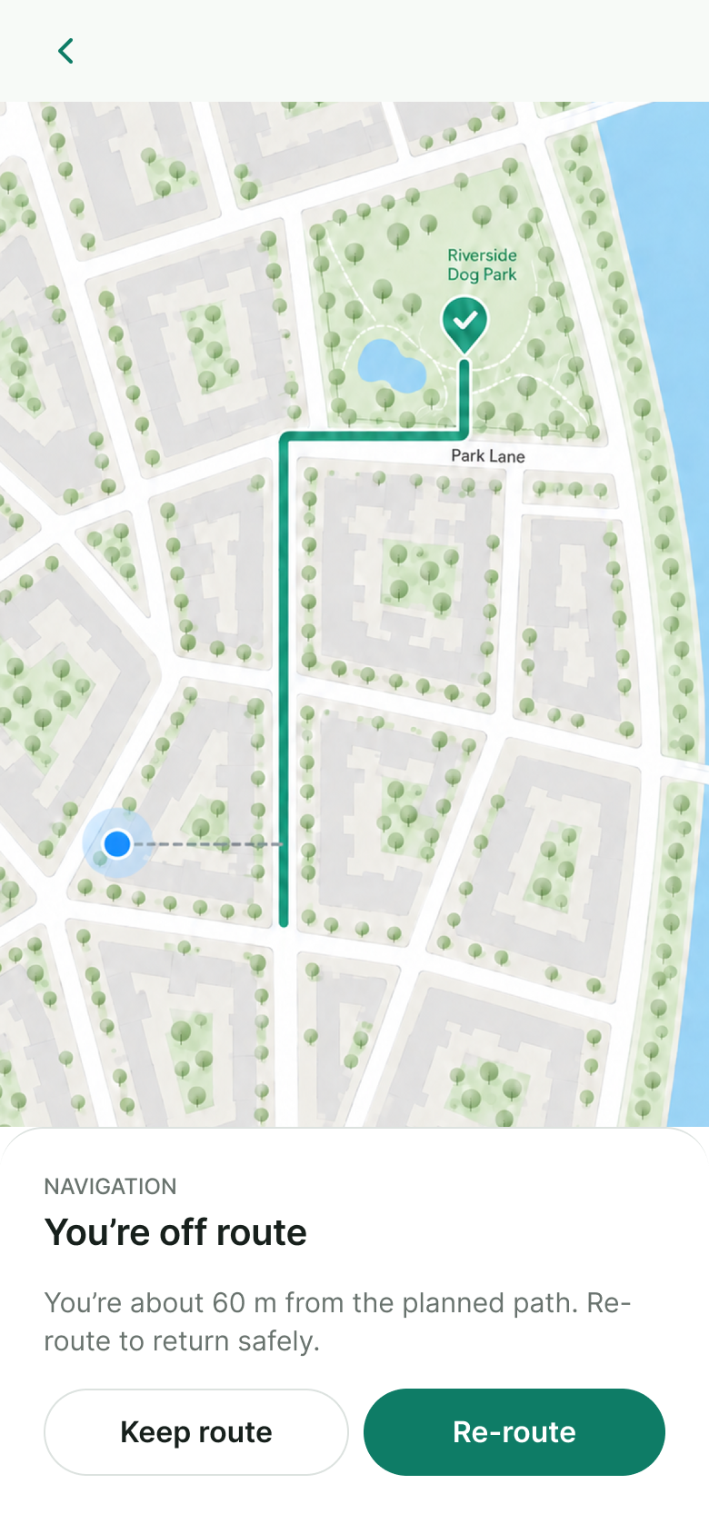 Off-route alert screen