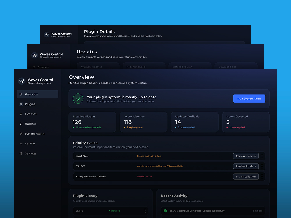 Waves Control Center dashboard concept screens