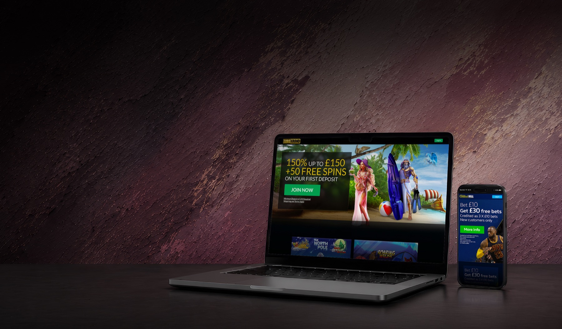 William Hill online gaming — laptop and phone product mockups, tablet