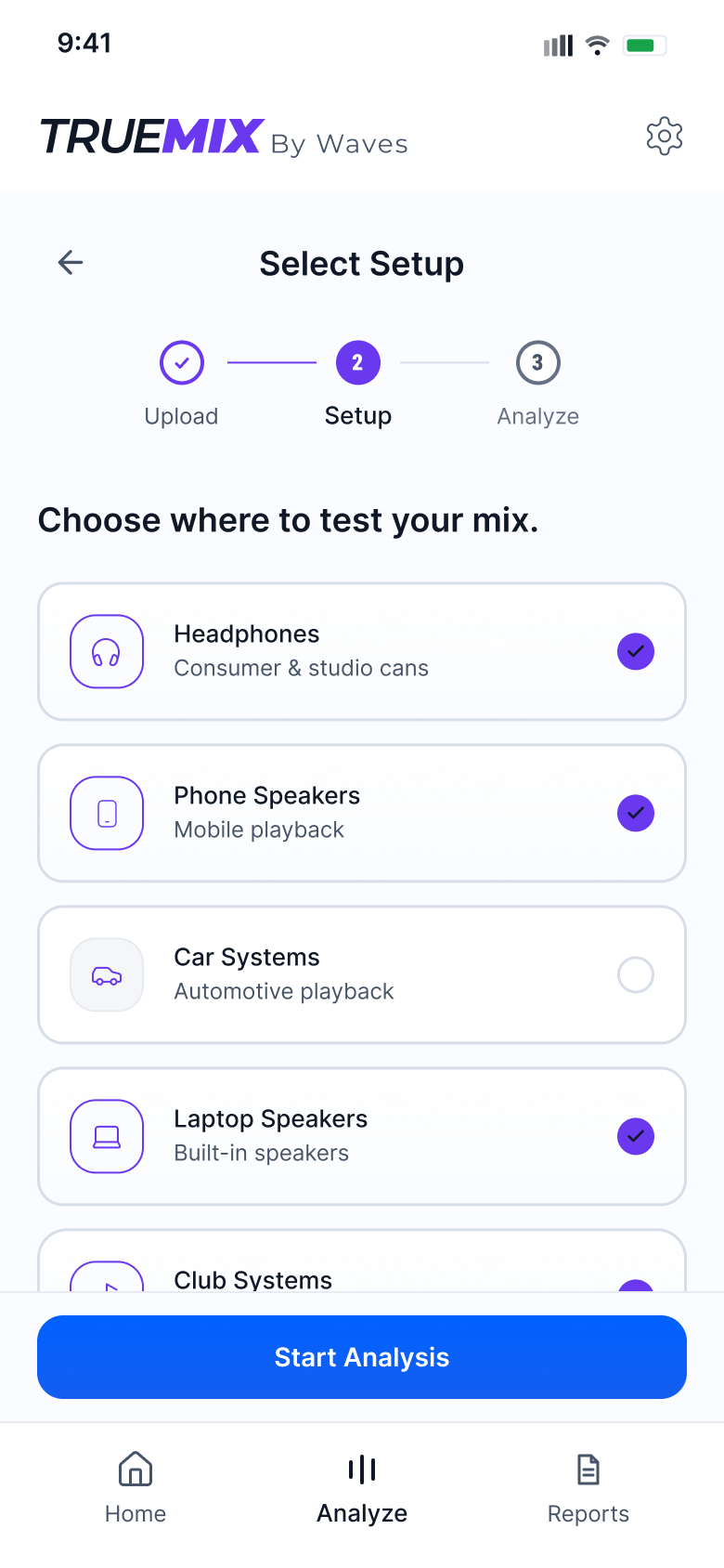 Select setup screen