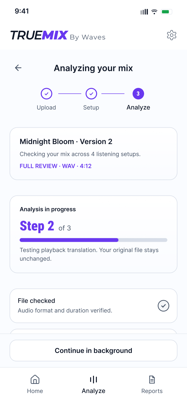 Analysis in progress screen