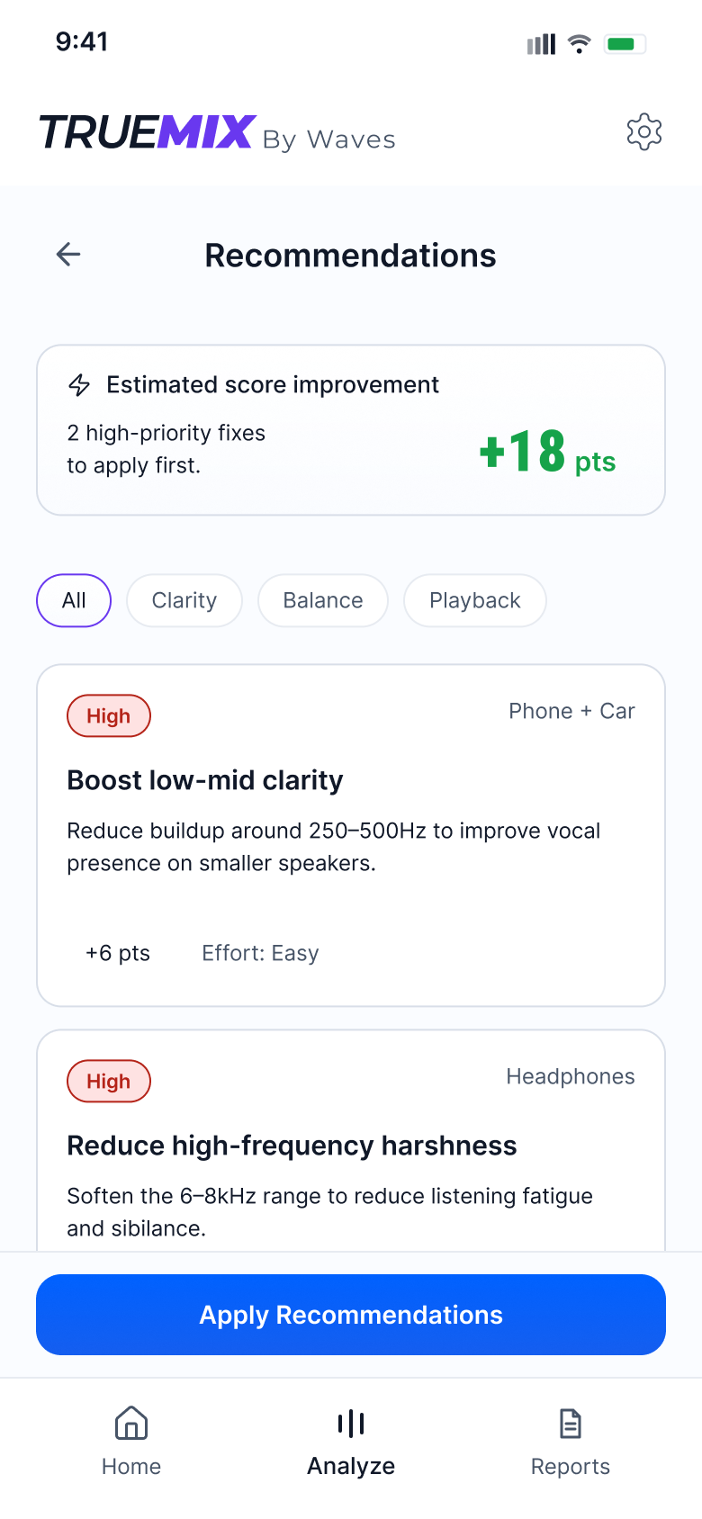 Recommendations screen