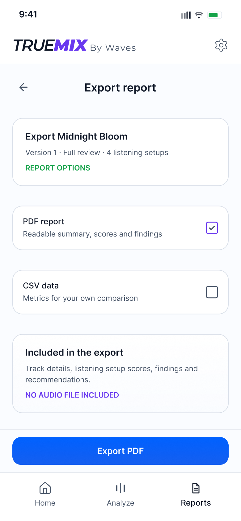 Export report screen