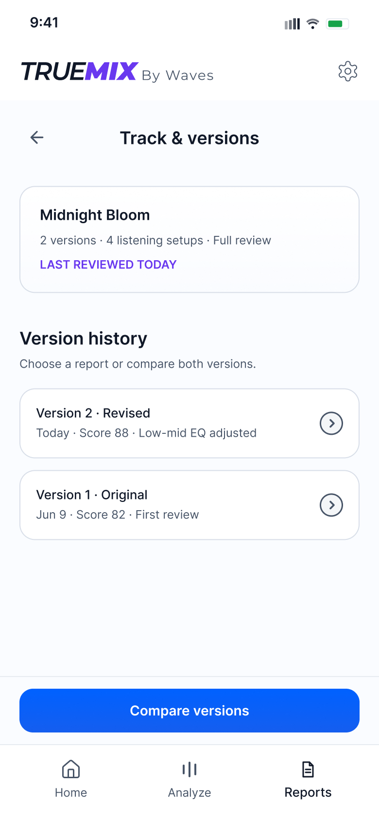Track and versions screen