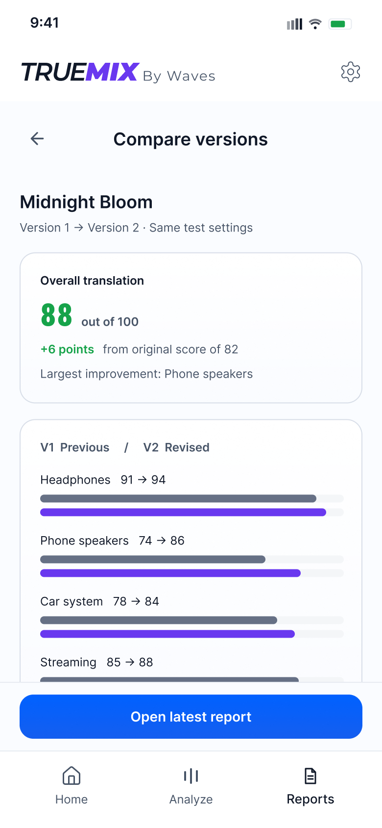 Compare versions screen