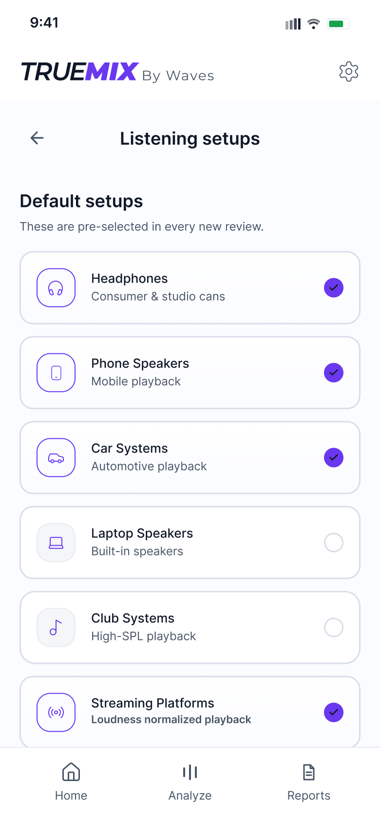 Default listening setups screen